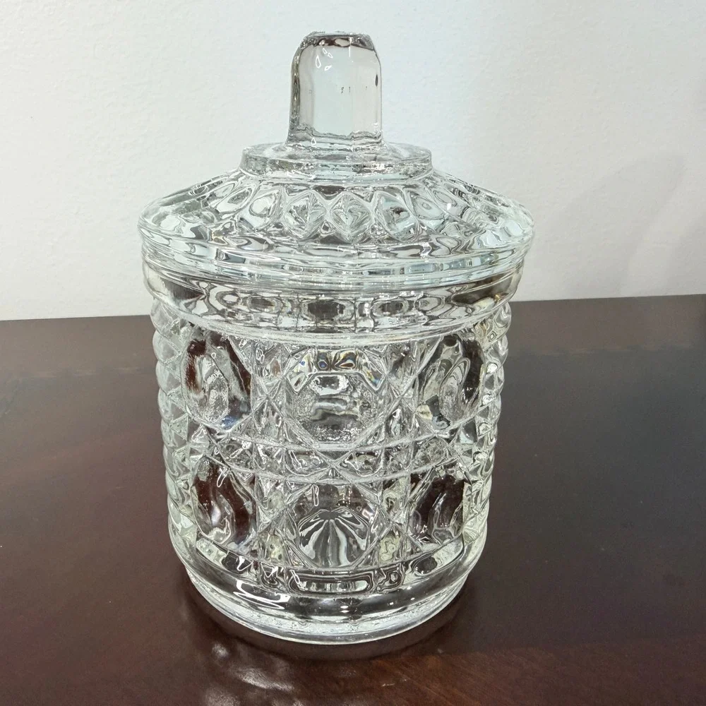 Vintage Federal‎ Windsor Glass Sugar Jam Jar Lid Vanity Button and Cain Pattern